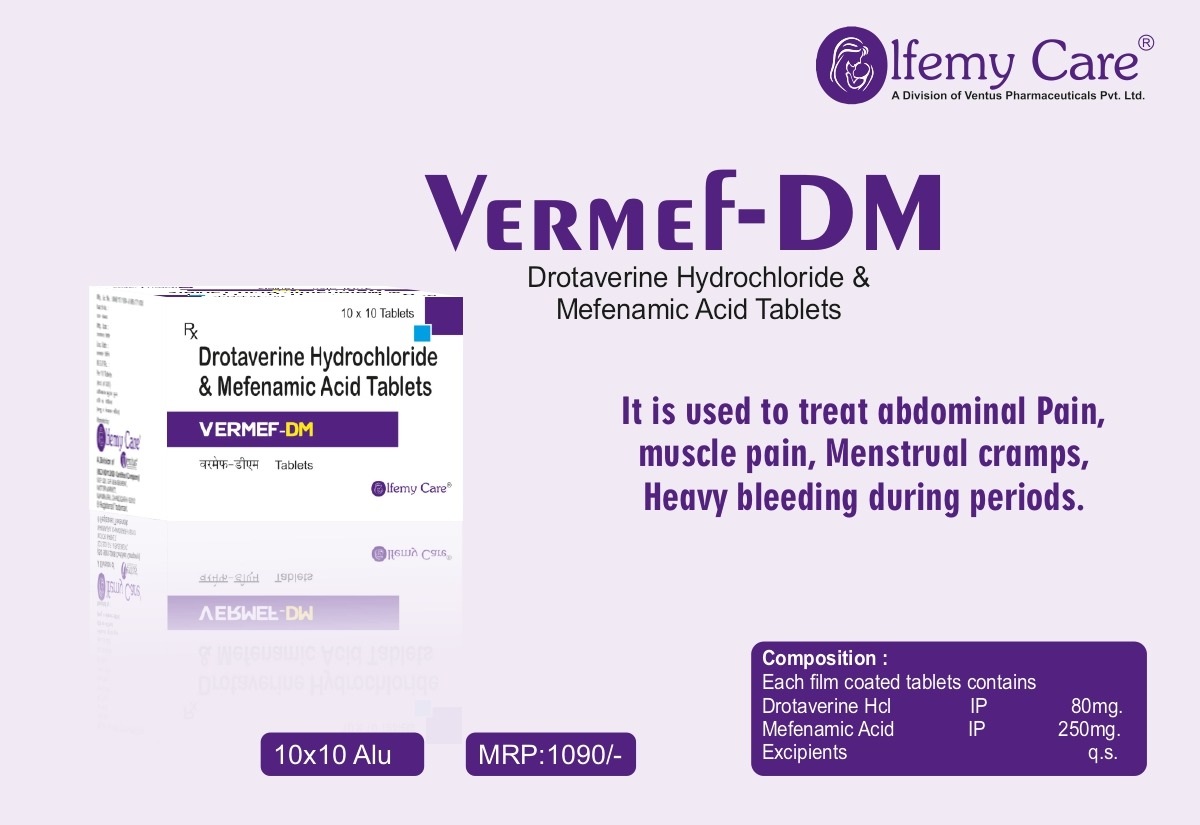 Product Name: Vermef DM, Compositions of Vermef DM are Mefenamic Acid & Drotaveriene Hcl Tablets - Olfemy Care