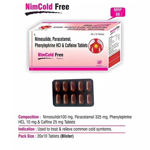 Product Name: Nimcold Free, Compositions of Nimcold Free are Nimesulide, Paracetamol, Phenylphrine HCL & Caffeine Tablets - Euphoria India Pharmaceuticals