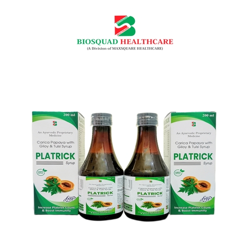 Product Name: PLATRICK, Compositions of PLATRICK are Carica Papaya With Goloy & Tulsi Syrup - Biosquad Healthcare