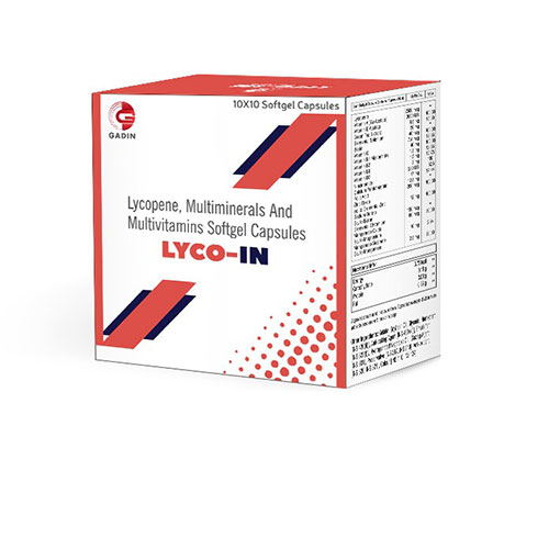 Product Name: LYCO IN, Compositions of LYCO IN are LYCOPENE WITH MULTI VITAMIN, MULTI MINERALS, ANTIOXIDANTS - Gadin Pharmaceuticals Pvt. Ltd