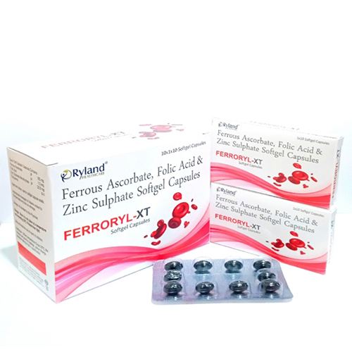 Product Name: Ferroryl XT, Compositions of Ferrous Ascorbate, Folic Acid & Zinc Sulphate Softgel Capsules are Ferrous Ascorbate, Folic Acid & Zinc Sulphate Softgel Capsules - Ryland Health Care