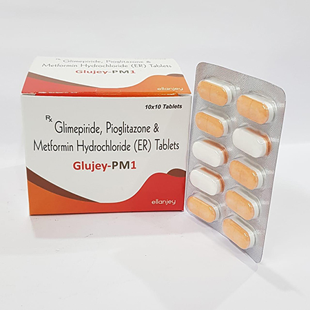 Product Name: Glujey PM1, Compositions of Glujey PM1 are Glimepiride,Pioglitazone & Metformin Hydrochloride (ER) Tablets - Ellanjey Lifesciences