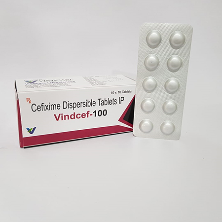 Product Name: VINDCEF 100, Compositions of VINDCEF 100 are Cefixime Dispersable Tablets IP - Vindcare Lifesciences