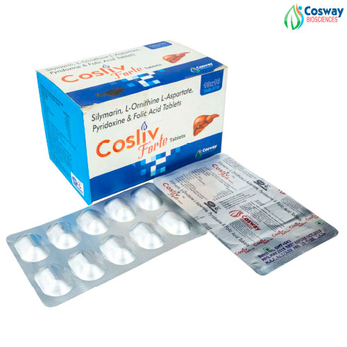 Product Name: COSLIV FORTE, Compositions of COSLIV FORTE are SILYMARINE+L-ORNITHINEL-ASPARTATE+FOLIC ACID+PYRIDOXINE TAB - Cosway Biosciences