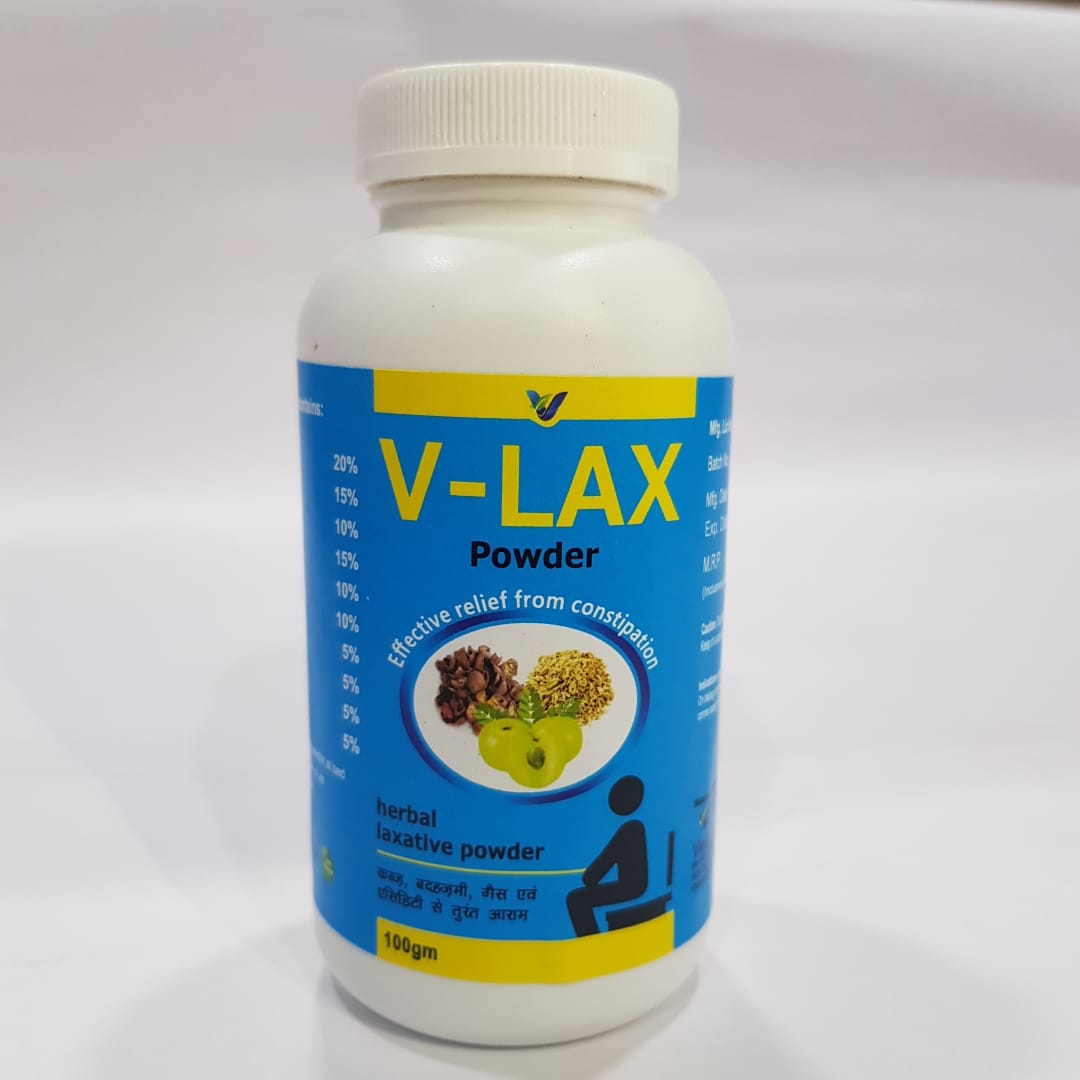 Product Name: V LAX, Compositions of V LAX are Herbal Laxaxtive Powder - Vindcare Lifesciences