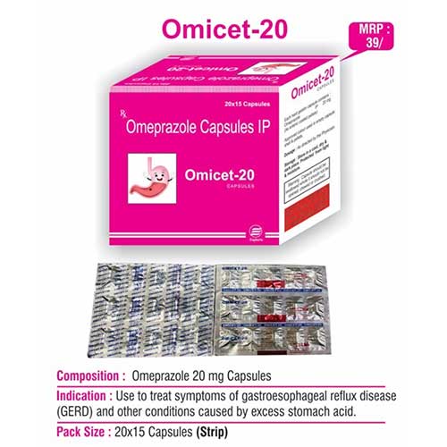 Product Name: Omicet 20, Compositions of Omicet 20 are Omeprazole Capsules IP - Euphoria India Pharmaceuticals