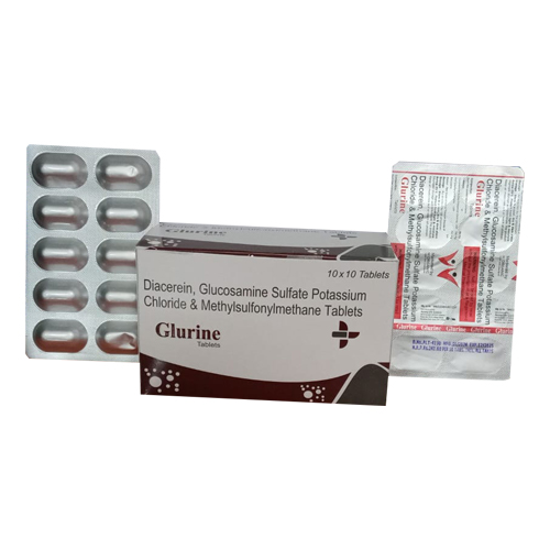 Product Name: GLURINE, Compositions of GLURINE are Diacerein, Glucosamine Sulfate Potassium Chloride & Methylsulfonylfonymethane Tablets - Access Life Science