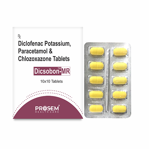 Product Name: Dicsobon MR, Compositions of Dicsobon MR are Diclofenac Potassium, Paracetamol & chlozoxazone Tablets - Prosem Healthcare