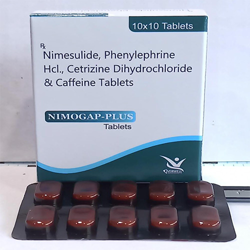 Product Name: NIMOGAP PLUS , Compositions of NIMOGAP PLUS  are Nimesulide, Phenylephrine Hcl., Cetrizine Dihydrochloride & Caffeine Tablets  - Everwell Pharma Private Limited