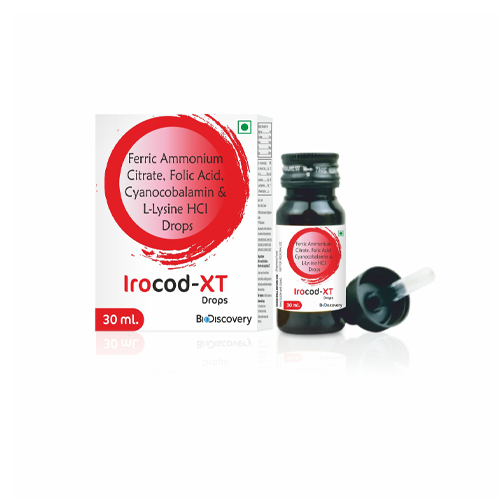 Product Name: Irocod XT, Compositions of Irocod XT are Ferric Ammonium Citrate. Folic Acid. Cyanocobalamin & L-Lysine HCI Drops - Biodiscovery Lifesciences Private Limited