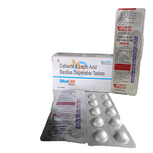 Product Name: Difcef 200, Compositions of Difcef 200 are Cefixime & Lactic Acid Bacillus Dispersible Tablets  - Cardiff Biocare