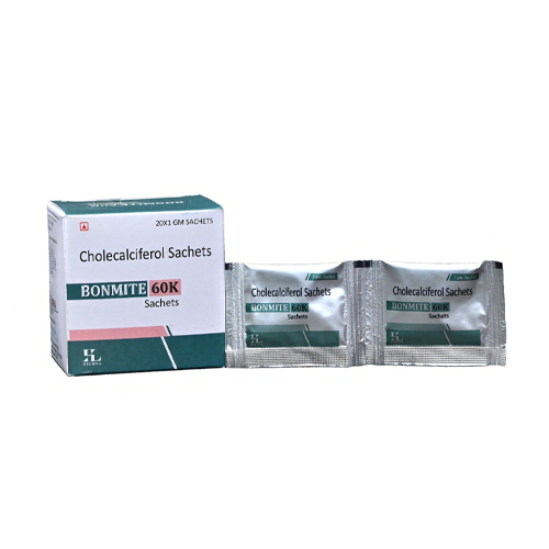 Product Name: BONMITE 60K, Compositions of BONMITE 60K are Cholecalciferol Sachets - Hikona Lifesciences