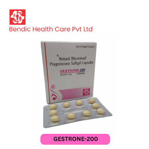 Product Name: GESTRONE 200, Compositions of Natural Micronised Progesterone Softgel Capsules are Natural Micronised Progesterone Softgel Capsules - Bendic Healthcare Private Limited