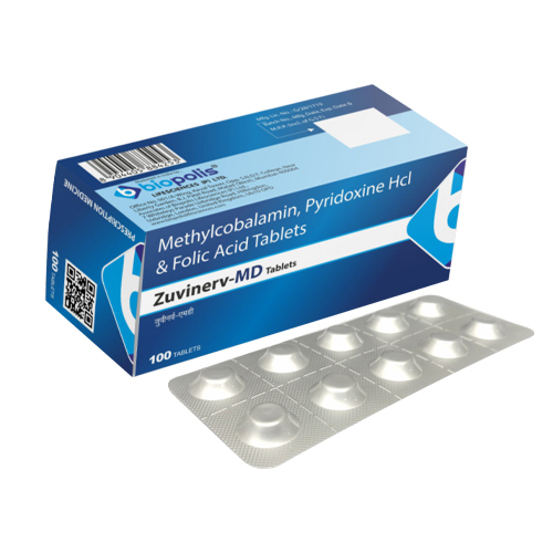 Product Name: ZUVINERV MD, Compositions of Methylcobalamin, Pyridoxine Hydrochloride & Folic Acid Tablets are Methylcobalamin, Pyridoxine Hydrochloride & Folic Acid Tablets - Biopolis Lifesciences Private Limited