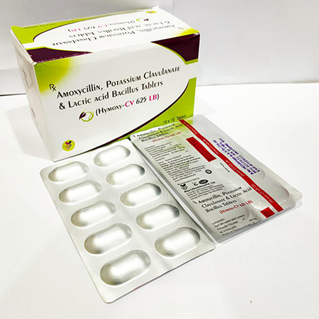 Product Name: Hymoxy CV 625 LB, Compositions of Hymoxy CV 625 LB are Amoxicillin potassium clavulanate & lactic acid bacillus tablets - Arvoni Lifesciences Private Limited