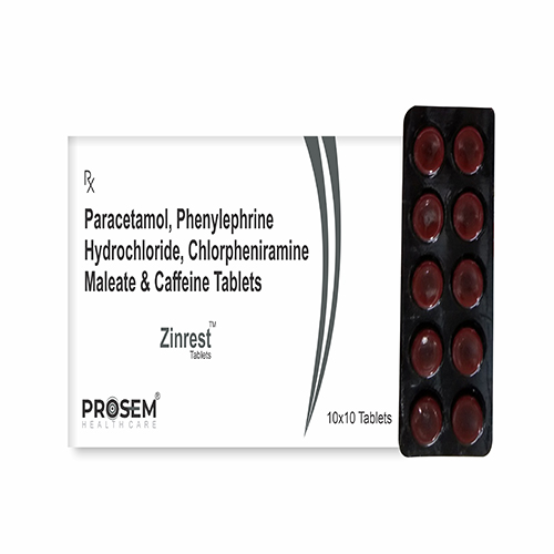 Product Name: Zinrest, Compositions of Paracetamol,Phenylephrine Hydrochloride,chlorpheniramin Mateate & Caffeine Tablets are Paracetamol,Phenylephrine Hydrochloride,chlorpheniramin Mateate & Caffeine Tablets - Prosem Healthcare