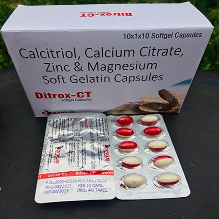 Product Name: Ditrox CT, Compositions of Ditrox CT are Calcitriol, Calcium Citrate ,Zinc and Magnesium Softgel Capsules - Sykus Pharmaceuticals Private Limited