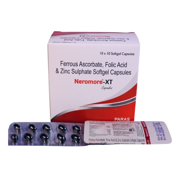 Product Name: NEROMORE XT, Compositions of NEROMORE XT are Each soft gelatin capsule contains Ferrous Ascorbate  IP Eq .to Elemental iron 100 mg  + Folic Acid IP 1.5 mg + Zinc Sulphate mono hydrate U.S.P + Eq.to Elemental Zinc 22.5mg  - Paras Laboratories Ltd