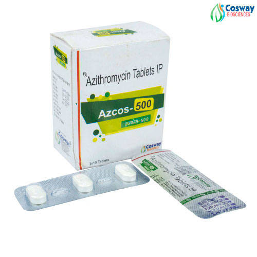 Product Name: AZCOS 500, Compositions of AZCOS 500 are AZITHROMYCIN DIHYDRATE I.P. 500 MG - Cosway Biosciences