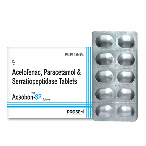 Product Name: Acsobon SP, Compositions of Acelofenac,Paracetamol & serratiopeptidase Tabelts are Acelofenac,Paracetamol & serratiopeptidase Tabelts - Prosem Healthcare