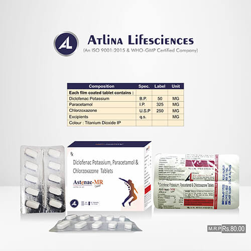 Product Name: Astenac MR, Compositions of Astenac MR are Diclofenac,Potassium,Paracetamol & Chlorzoxazone Tablets - Atlina LifeSciences Private Limited