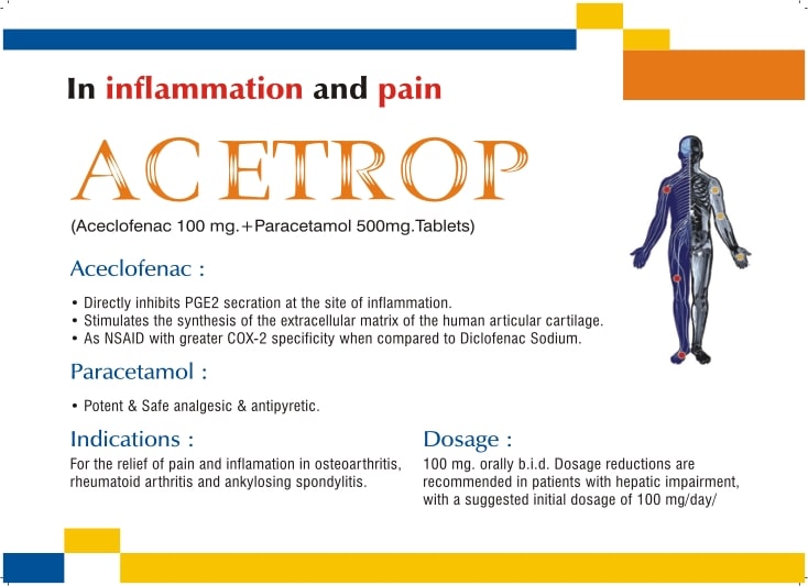 Product Name: Acetrop, Compositions of Acetrop are Aceclofenac 100mg + Paracetamol 500mg, Tablets - Biotropics Formulations