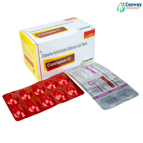 Product Name: COSISPAS M, Compositions of COSISPAS M are DROTAVERINE 80MG + MEFENAMIC ACID 250 MG                                 - Cosway Biosciences