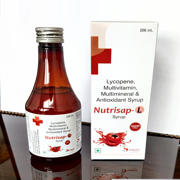 Product Name: Nutrisap L, Compositions of Nutrisap L are Lycopene Multivitamin Multimineal & Antioxidant Syrup - Sapson Pharma