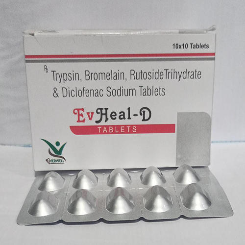 Product Name: EvHeal D , Compositions of EvHeal D  are Trypsin, Bromelain, Rutoside Trihydrate & Diclofenac Sodium Tablets  - Everwell Pharma Private Limited