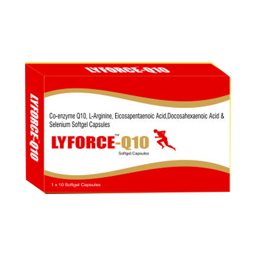 Product Name: Lyforce Q10, Compositions of Lyforce Q10 are Co-enzyme Q-10, L-Arginine, Eicosapentaenoic Acid , Docosahexaenoic Acid Selenium Softgel Capsules - Epsilon Biotech