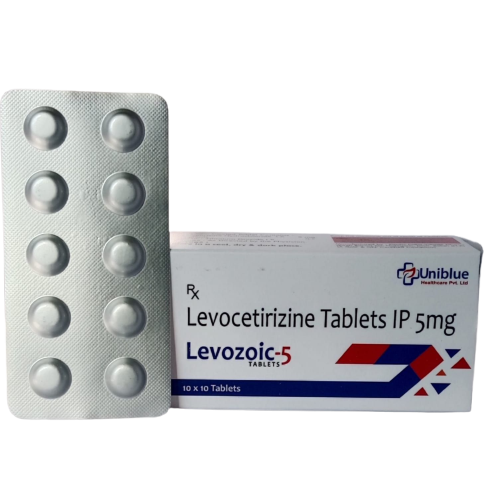 Product Name: Levozoic 5, Compositions of Levozoic 5 are Levocetirizine Tablets IP 5mg - Uniblue Healthcare Private Limited