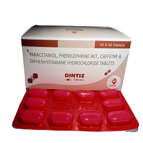 Product Name: DINTIZ, Compositions of PARACETAMOL 325 MG + PHENYLEPHRINE HCL 5 MG + CAFFEINE 30 MG + DIPHENHYDRAMINE HCL 25 MG are PARACETAMOL 325 MG + PHENYLEPHRINE HCL 5 MG + CAFFEINE 30 MG + DIPHENHYDRAMINE HCL 25 MG - Gadin Pharmaceuticals Pvt. Ltd