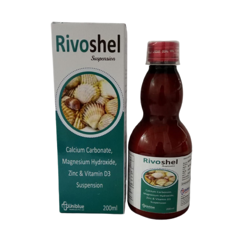 Product Name: Rivoshel, Compositions of Rivoshel are Calcium Carbonate, Magnesium Hydroxide, Zinc & Vitamin D3 Suspension - Uniblue Healthcare Private Limited