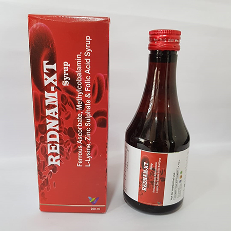 Product Name: REDNAM XT, Compositions of REDNAM XT are Ferrous Ascorbate, Methylcobalamin, L-Lysine, Zinx Sulphate & Folic Acid Syrup - Vindcare Lifesciences