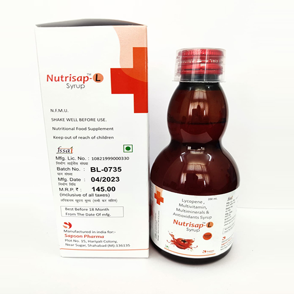 Product Name: Nutrisap L, Compositions of Nutrisap L are Lycopene, Multivitaminy Multiminerals & Antioxidants Syrup - Sapson Pharma