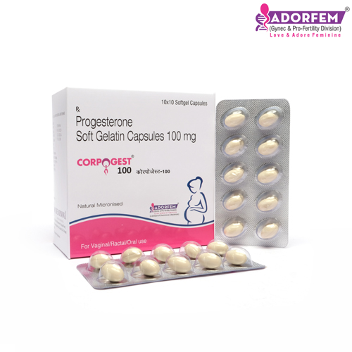 Product Name: CORPOGEST, Compositions of CORPOGEST are Progesterone Soft Gelatin Capsules 100 mg - Cheminnova Life Sciences