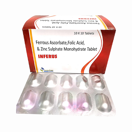 Product Name: INFERUS, Compositions of INFERUS are Ferrous Ascorbate, Folic Acid & Zinc Sulphate Monohydrate Tablets - Insta Care Lifesciences