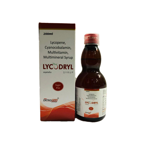 Product Name: LYCODRYL, Compositions of LYCODRYL are Lycopene, Cyanocobalamin, Multivitamin, Multimineral Syrup - Zatropha Pharma