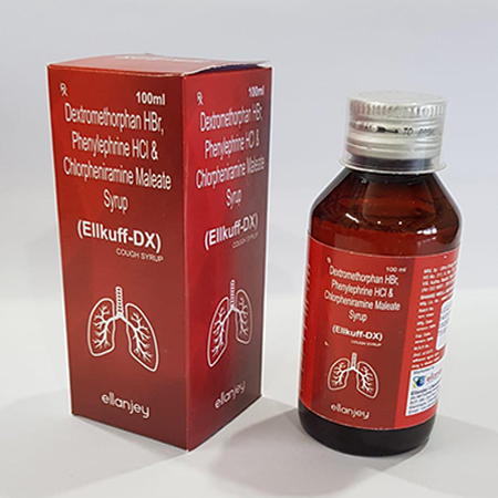 Product Name: Ellkuff DX, Compositions of Ellkuff DX are Dextromethorphan HBr, Phenylphrine HCL & Chlorpheniramine Maleate Syrup - Ellanjey Lifesciences