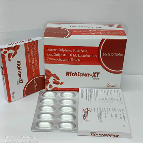 Product Name: Richistar XT , Compositions of Ferrous Sulphate, Folic Acid, Zinc Sulphate,DHA, Lactobacillus Cyanocobalamin Tablets  are Ferrous Sulphate, Folic Acid, Zinc Sulphate,DHA, Lactobacillus Cyanocobalamin Tablets  - Starzac Formulations Private Limited