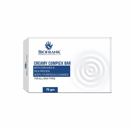 Product Name: Creamy Complex Bar, Compositions of Creamy Complex Bar are With Cow Ghee & Milk Protien Deeply Purifies  & Cleanses - Biofrank Pharmaceuticals India Private Limited