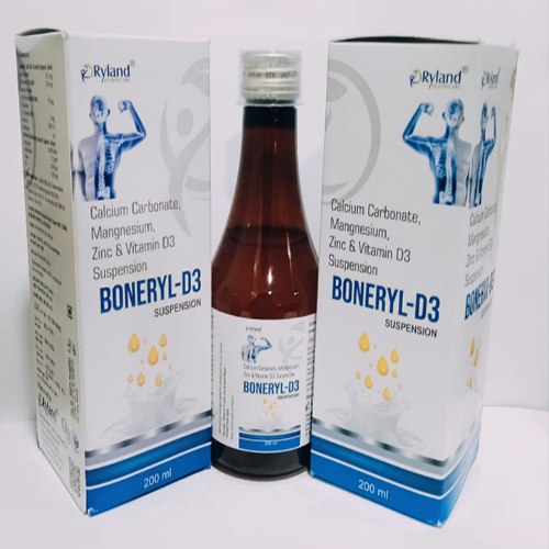 Product Name: Boneryl D3, Compositions of Boneryl D3 are Calcium Carbonate, Mangnesium, Zinc & Vitamin D3 Suspension  - Ryland Health Care