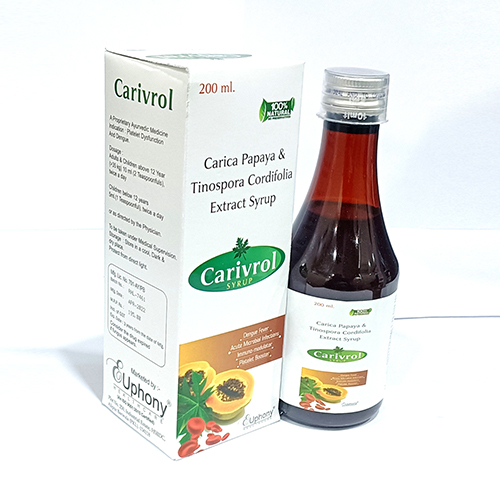 Product Name: Carivrol, Compositions of Carivrol are Carica Papaya and  Tinospora Cordifolio Extract Syrup - Euphony Healthcare