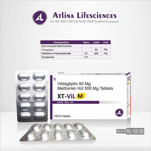 Product Name: XT Vil M, Compositions of Vildagliptin 50 mg & Metfortin Hydrochloride 500 mg Tablets are Vildagliptin 50 mg & Metfortin Hydrochloride 500 mg Tablets - Atlina LifeSciences Private Limited