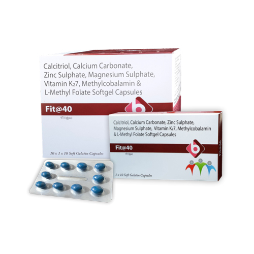 Product Name: FIT@40, Compositions of Calcitriol, Calcium Carbonate, Zinc Sulphate, Magnesium Sulphate, Vitamin K27, Methylcobalamin & L-Methyl Folate Softgel Capsules are Calcitriol, Calcium Carbonate, Zinc Sulphate, Magnesium Sulphate, Vitamin K27, Methylcobalamin & L-Methyl Folate Softgel Capsules - Biopolis Lifesciences Private Limited