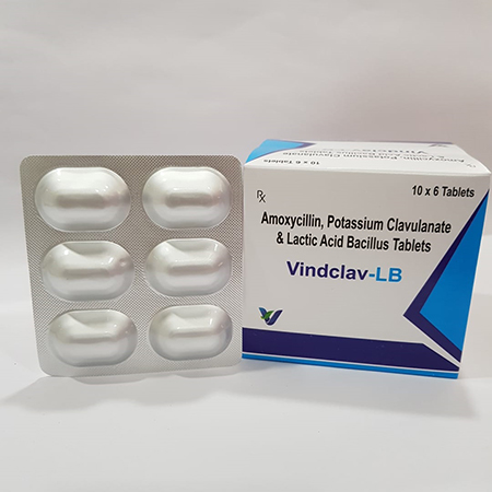 Product Name: VINDCLAB LB, Compositions of VINDCLAB LB are Amoxycillin, Potassium Clavulanate  & Lactic Acid Bacillus Tablets - Vindcare Lifesciences