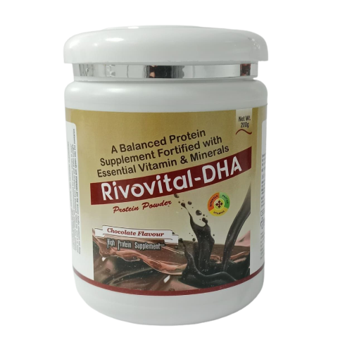 Product Name: Rivovital DHA, Compositions of Rivovital DHA are A Balanced Protein Supplement Fortified with Essential Vitamin & Minerals - Uniblue Healthcare Private Limited