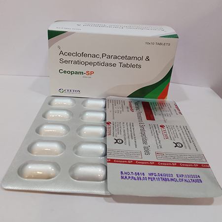 Product Name: Ceopam SP, Compositions of Ceopam SP are Aceclofenac,Paracetamol  & Serratiopeptidase Tablets - Ceetox HealthCare Private Limited