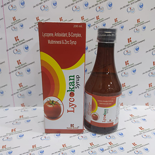 Product Name: Lycokan Syrup, Compositions of Lycokan Syrup are Lycopene Antioxidant, B-Complex, Multimi9nerals & Zinc Syrup - Kanish Biotech