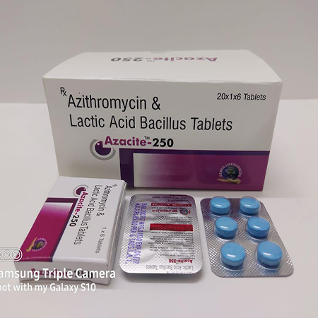 Product Name: AZACITE 250, Compositions of AZACITE 250 are Azithromycin & Lactic Acid Bacillus Tablets - Gemed Lifesciences Pvt. Ltd